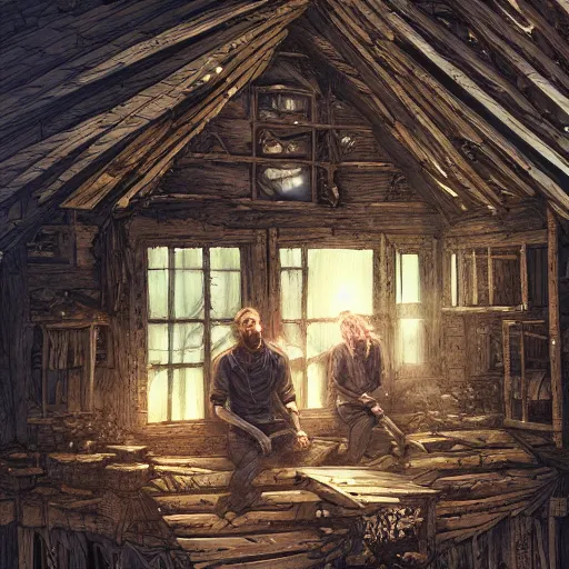 Image similar to two husbands leave each other inside broken wooden house, detailed intricate ink illustration, dark atmosphere, detailed illustration, hd, 4k, digital art, overdetailed art, concept art, by greg rutkowski, by loish, complementing colors, Trending on artstation, deviantart