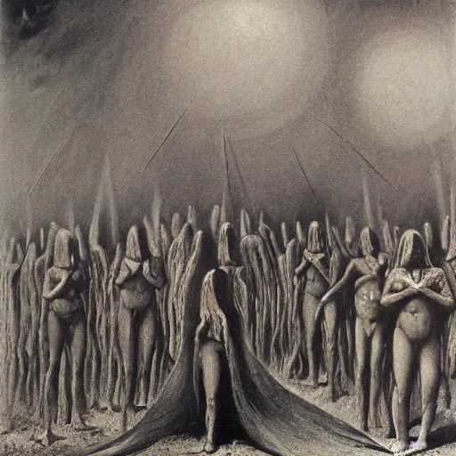 Prompt: sabbath of the witches in the style of Goya, Remedios Varo and Zdzisław Beksinski, surrealist painting