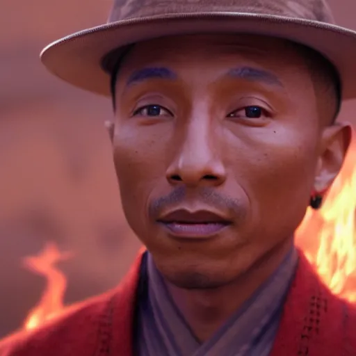 Image similar to cinematic film still Pharrell Williams starring as a Samurai holding fire, Japanese CGI, VFX, 2003, 40mm lens, shallow depth of field,film photography