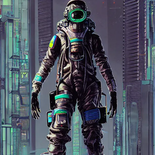 Image similar to realistic cyberpunk japanese engineer with long limbs and a black spacesuit carrying welder, techwear, dead space, visible face, Industrial Scifi, detailed illustration, character portrait, by Martin Grip and Moebius