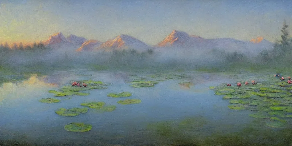 Image similar to impressionism painting of a pond of water lily on a foggy morning, sun low on horizon through snow capped mountains, soft light, misty