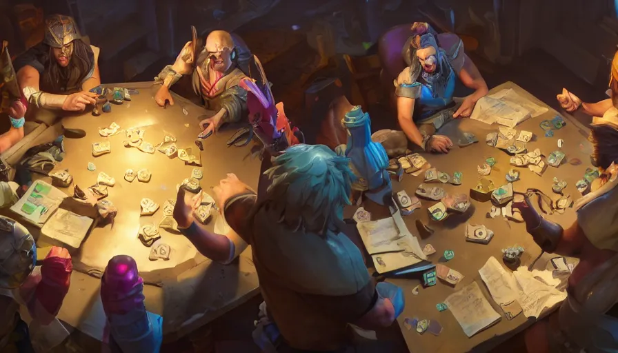 Image similar to concept art of role - playing game players around a table, rolling d 2 0 sides dice. macro. unreal engine 5. octane render. vray. arnold. maya. 1 8 mm lens. gopro, low angle, wide lens. trending on artstation. depth of field. colorful. d & d. centered image.