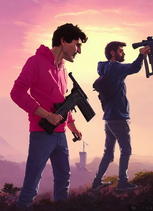 Image similar to highly detailed portrait justin trudeau in ( ( pink hoody ) ) holding ar - 1 5! ( setting costa rica ) in gta v stephen bliss unreal engine fantasy art by greg rutkowski loish rhads ferdinand knab makoto shinkai lois van baarle ilya kuvshinov rossdraws tom bagshaw global illumination radiant light detailed intricate environment