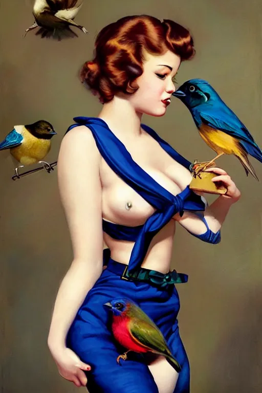 Image similar to hyper realistic painting, pinup girl holding an indigo bunting, bird, the bird is wearing a bowtie, by greg rutkowski, rossdraws, gil elvgren, enoch bolles, anime, porcelain skin, glistening, very coherent,