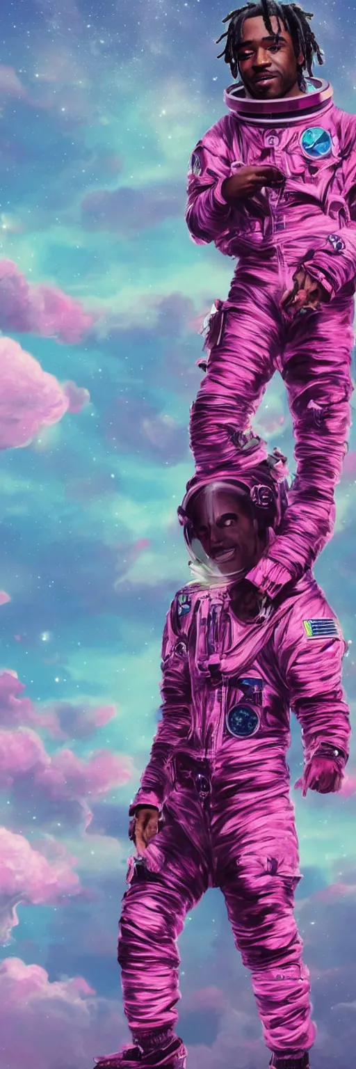 Prompt: Cinematic full body portrait of Lil Uzi Vert wearing a pink spacesuit, cinematic photograph, matte painting, trending on artstation, space clouds art