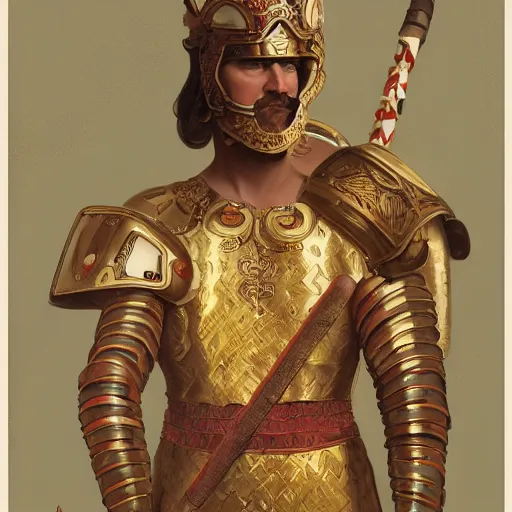 Prompt: Gavin McInnes as a Roman warrior wearing gold and red armor, elegant suit, smoking a cigarette, portrait art by alphonse mucha and greg rutkowski, highly detailed, digital painting, concept art, illustration, dim lighting with twilight rays of sunlight, trending on artstation, very detailed, smooth, sharp focus, octane render