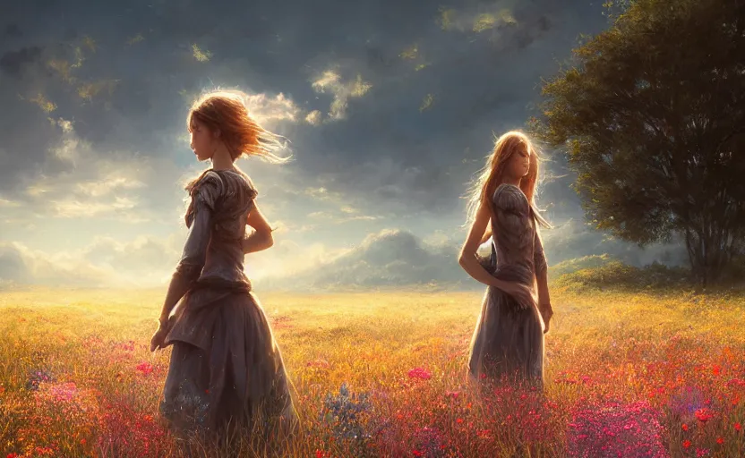 Prompt: detailed intricate digital illustration by greg rutkowski and artgerm and wlop and sanford robinson gifford ; girl standing in beautiful meadow with colorful flowers and puffy clouds in background ; 1 3 mm film, arri alfa anamorphic lens ; sharp focus, golden hour lighting, trending on artstation 4 k ; close view