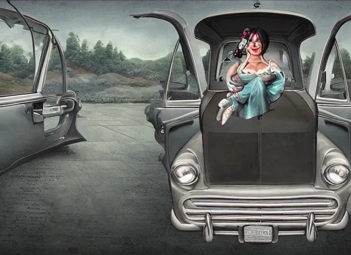 Image similar to the world inside a car, lisa ann, lowbrow, matte painting, 3 - d highly detailed, in the style of mark ryden,