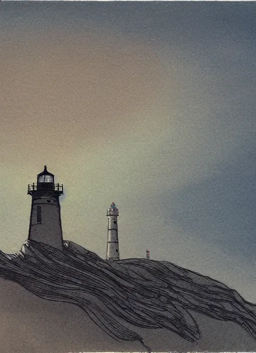 Prompt: a painting of a lighthouse on top of a mountain, concept art by moebius, featured on deviantart, shin - hanga, concept art, official art, high detailed