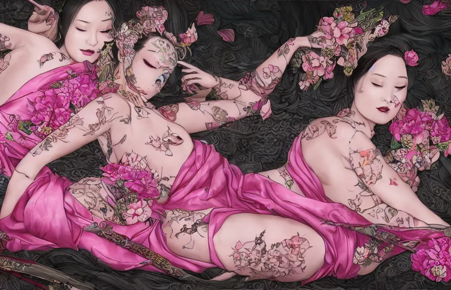 Image similar to full body portrait of Geishas lying in pink silk sheets, whole skin covered with dragon and flowers tattoos, D&D, fantasy, highly detailed, digital art, trending on artstation, smooth, sharp focus, illustration, art by artgem