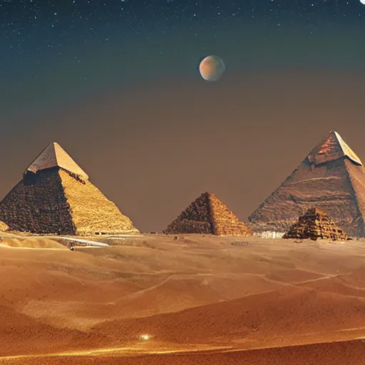 Prompt: a panorama of a futuristic pyramids of giza and sphynx, digital art, trending on artstation