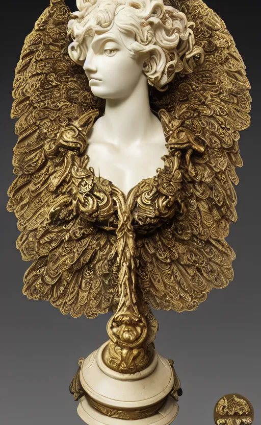 Image similar to carved black marble mechanical bust wearing hard surface armour, subtle gold accents, frontal view, ivory rococo, wings lace wear, hyper detailed, insane details, intricate