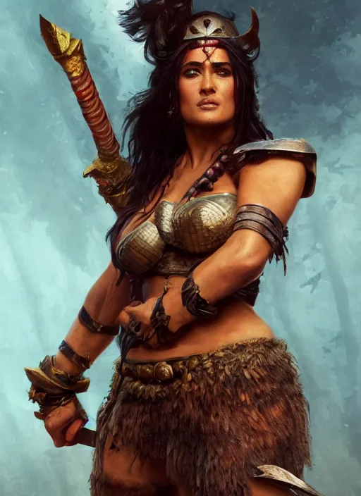 Prompt: salma hayek as a barbarian warrior, hyper detailed, digital art, trending in artstation, cinematic lighting, studio quality, smooth render, unreal engine 5 rendered, octane rendered, art style by klimt and nixeu and ian sprigger and wlop and krenz cushart.