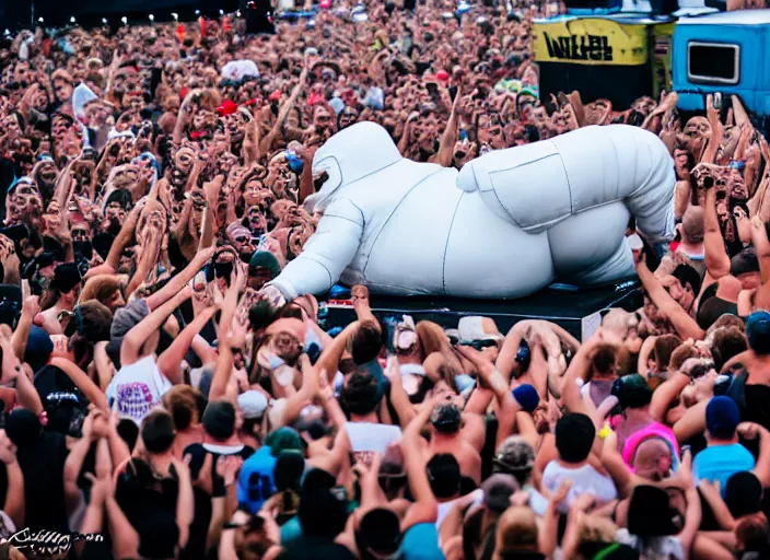 Image similar to photo still of the michelin man on stage at vans warped tour!!!!!!!! at age 3 8 years old 3 8 years of age!!!!!!! stage diving into the crowd, 8 k, 8 5 mm f 1. 8, studio lighting, rim light, right side key light