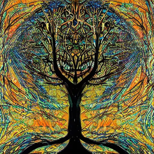 Image similar to the tree of knowledge, the tree of life, amazing art, organic complexity, digital art, incredible details, intrincate details, polygons, smooth network, by jackson pollock and hr giger