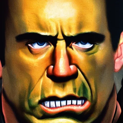 Image similar to nicholas cage as the hulk, gritty portrait, film still