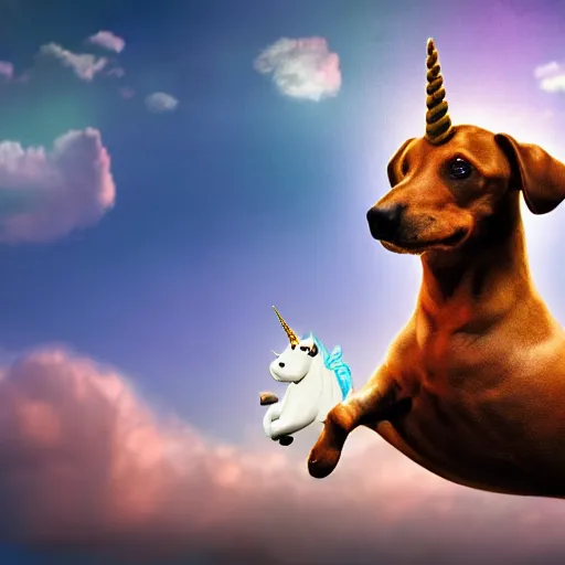 Image similar to sausage dog riding a unicorn, through the clouds on a postage stamp, artistic rendering, 4 k high rez, abstract design, artstation, ample lighting, dna, intense fantasy