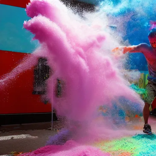 Image similar to a man dissolving in colorful powder explosion.