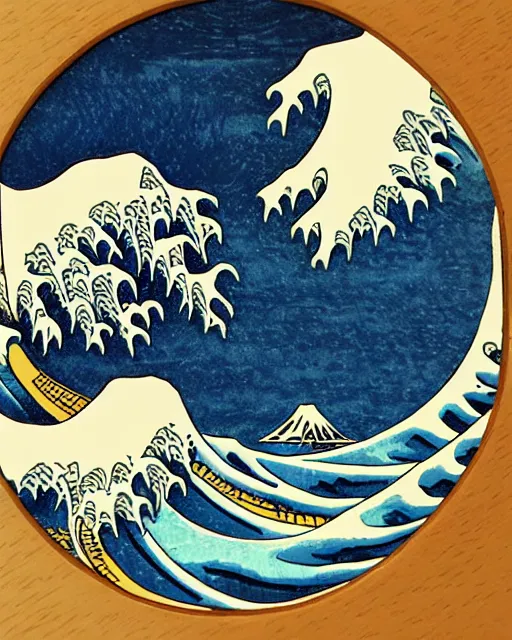 Prompt: an award winning Wood engraving on paper of The Great Wave off Kanagawa