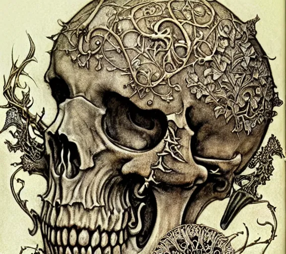 Image similar to memento mori by arthur rackham, art forms of nature by ernst haeckel, exquisitely detailed, art nouveau, gothic, ornately carved beautiful skull dominant, intricately carved antique bone, art nouveau botanicals, ornamental bone carvings, art forms of nature by ernst haeckel, horizontal symmetry, arthur rackham, ernst haeckel, symbolist, visionary