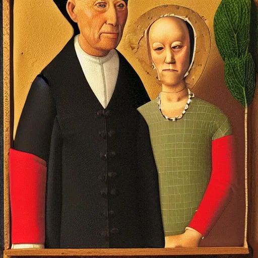 Image similar to a 3 / 4 portrait of an older nice jewish couple from 1 5 0 0 s, by grant wood