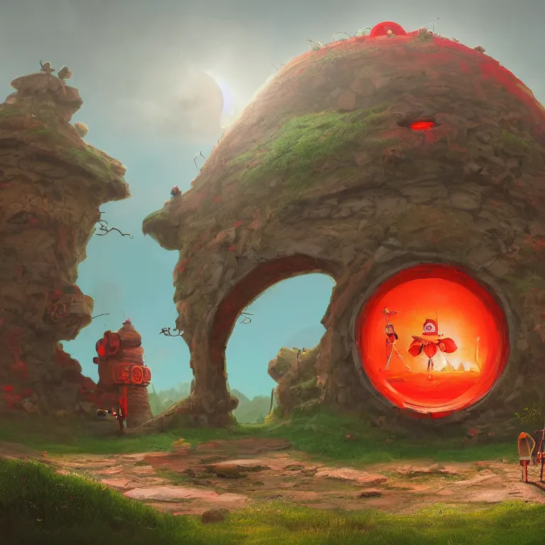 Prompt: two gnomes standing in front of a circular portal, open to a red world. Detailed digital matte painting in the style of simon stalenhag