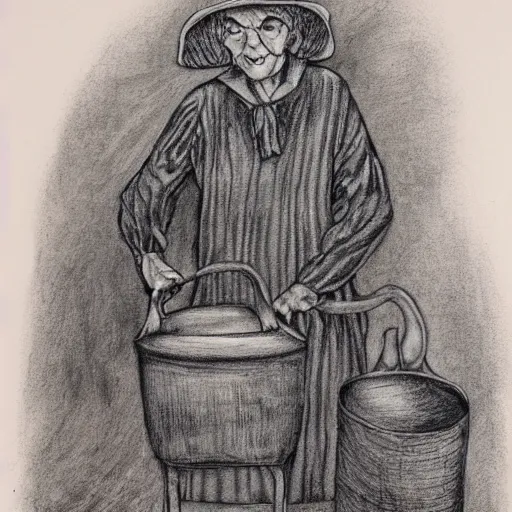 Prompt: An old wrinkled witch stirring her cauldron. Red chalk on paper mounted on board.