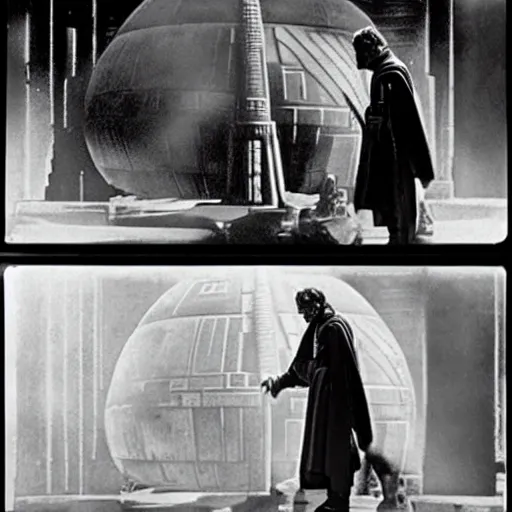 Image similar to Luke Skywalker attempts to stop the Death Star in the silent movie version of Star Wars (1921) by Fritz Lang, in front of a set reminiscent of Metropolis