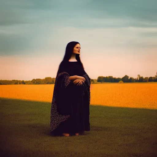 Prompt: woman played by mona lisa, standing on a meadow, cinematic composition, street photography, 2 5 mm, sunrise