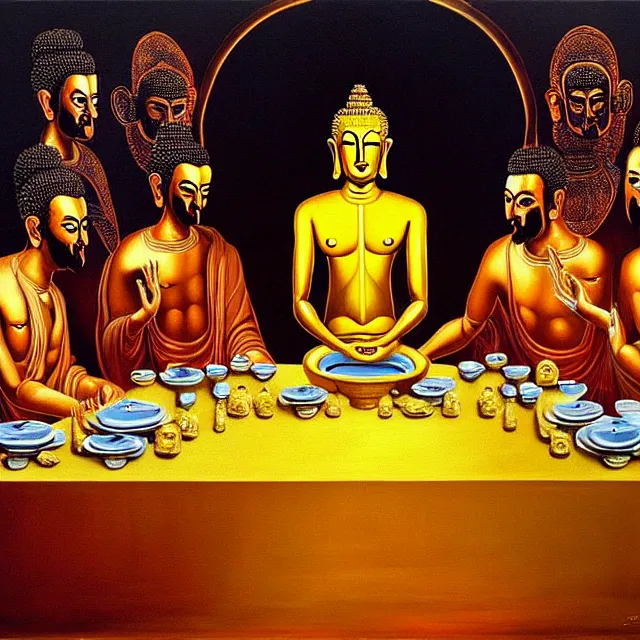 Image similar to a beautiful painting cyberpunk gold buddha the last supper, by salvador dali realistic oil painting