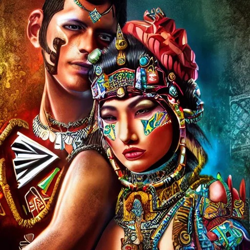 Image similar to the marriage between a aztec god and a modern goddess in the style of high urban fantasy Hyper detailed Hyper Photorealistic High Resolution HD 8k post-processing