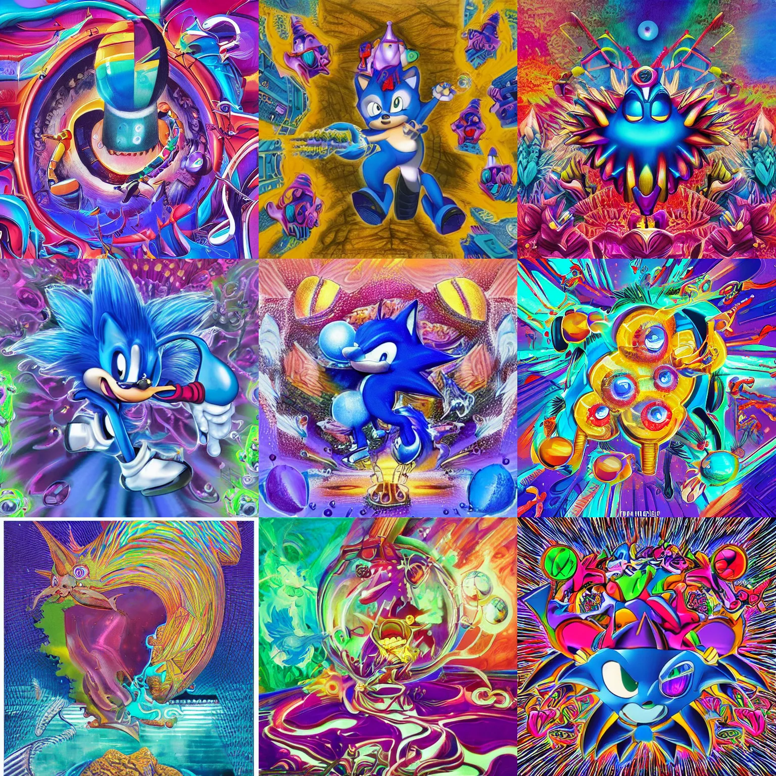 Prompt: surreal, sharp, detailed professional, high quality airbrush art mgmt album cover of a liquid dissolving lsd dmt blue sonic the hedgehog with spheres, cones, springs, purple checkerboard background, 1 9 9 0 s 1 9 9 2 sega genesis video game album cover