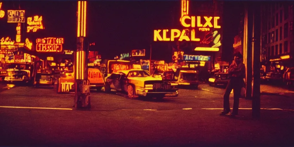 Prompt: 8 0 s polaroid photo, cinema still from movie taxi driver, robert de niro watching night streets, neon signs, colorful haze, americana, high production value, 8 k resolution, hyperrealistic, photorealistic, high definition, high details, tehnicolor, award - winning photography, masterpiece, amazing colors