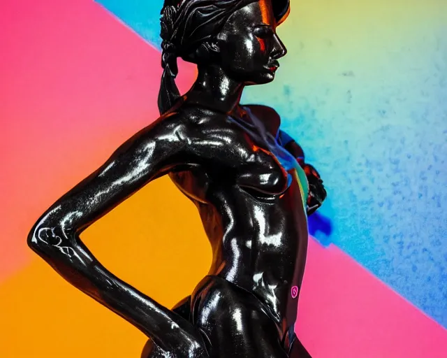 Image similar to extremely beautiful female black marble statue in the style of virgil abloh, colorful motocross logos behind her, sharp focus, clear, detailed,, cinematic, detailed, off white, glamourous, symmetrical, vogue, editorial, fashion, magazine shoot, glossy