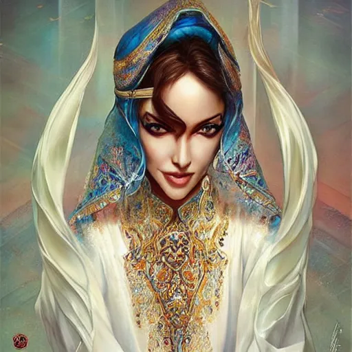 Prompt: a beautiful arabian woman wearing a white kaftan by karol bak, ayami kojima, artgerm, arabian beauty, blue eyes, smile, concept art, fantasy