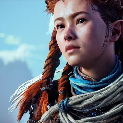 Prompt: Aloy of horizon zero dawn really exist, photorealism, detailed, portrait