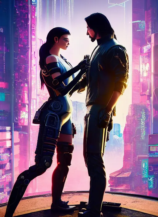 Image similar to a cyberpunk 2077 couple portrait of a Keanu Reeves as johnny silverhand and a female android in final kiss,couple pose,love,fantasy, intricate, elegant,by Alex Horley,Heather Theurer,aaron horkey,Greg Rutkowski,artstation,deviantart,FAN ART,Digital painting,face enhance,highly detailed,8K,octane,golden ratio,cinematic lighting