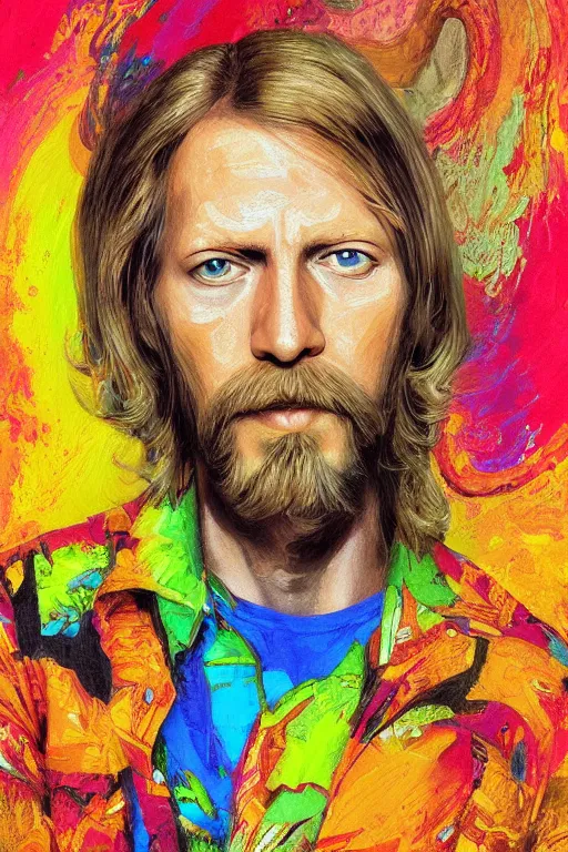 Image similar to a professional painting of Duane Allman, in brightly colored psychedelic shirt, long hair, beautiful bone structure, symmetrical facial features, intricate, elegant, digital painting, concept art, smooth, sharp focus, illustration, from StarCraft by Ruan Jia and Mandy Jurgens and Artgerm and William-Adolphe Bouguerea, epic, stunning, gorgeous, intricate detail, much wow, 4K, masterpiece, trending on artstation