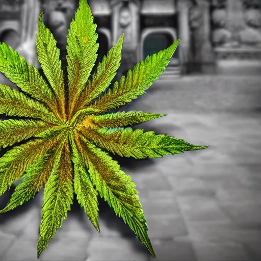Prompt: big amazing marihuana flower in the center of temple's stage, 4 k, amazing composition