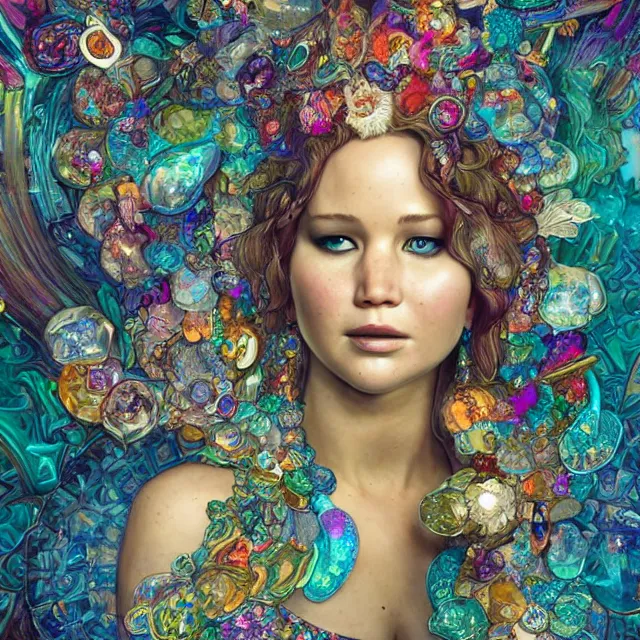 Prompt: a stunning Jennifer Lawrence made of fractal gems, fractal crystals, very intricate, hyper realistic, octane render, very colorful, vibrant, cinematic, amazing details, by james jean, by brian froud, by ross tran, by alphonse mucha