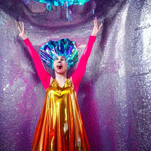 Image similar to jollyfish magazine cover photo, a woman wearing a dress made out of colorful dripping latex and a fancy intricate shiny reflective headdress made out of mirrors, standing in front of a detailed metallic backdrop made out of aluminum foil