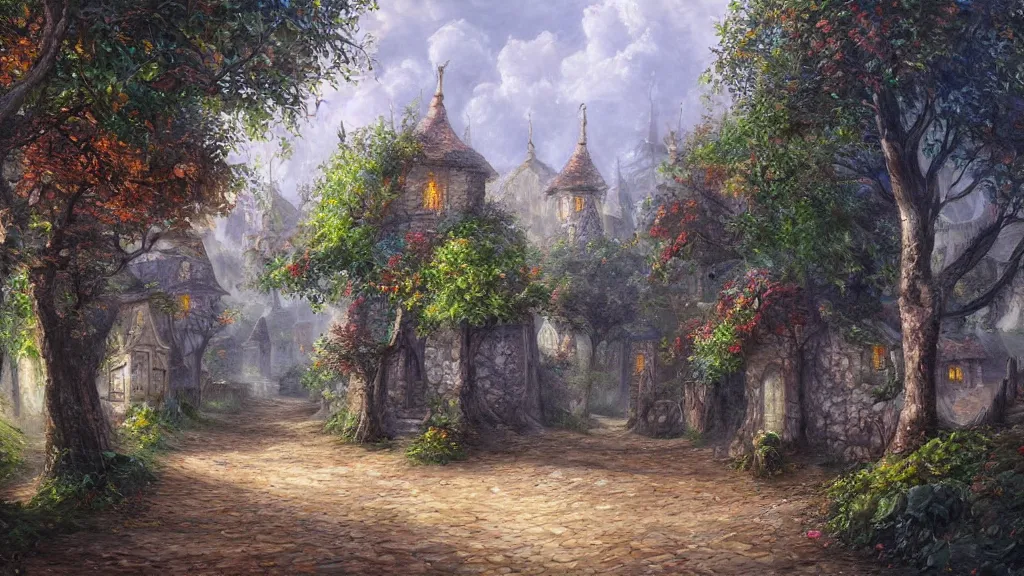 Prompt: a cobbled village path with magical trees beside it, highly detailed oil painting, epic fantasy art, abstraction, masterpeice, 8k