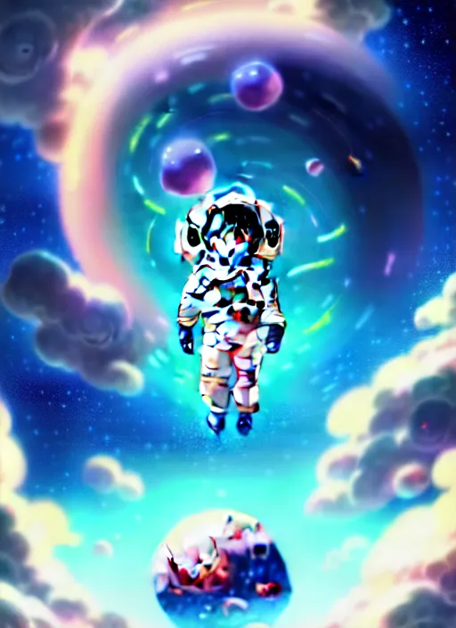 Image similar to portrait of cute kawaii astronaut android floating around a large biomechanical dragon, nebulous background of dynamic space, a dramatic composition by wlop and greg rutkowski and makoto shinkai and studio ghibli and kyoto animation cute bubbly clothing, 4 k resolution trending on artstation