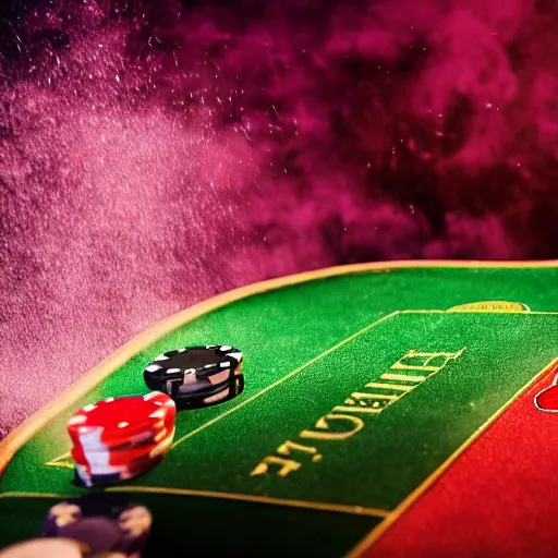 Image similar to poker cards fly through the air at a centered explosion of colorful powder on background by maxvanzwerg