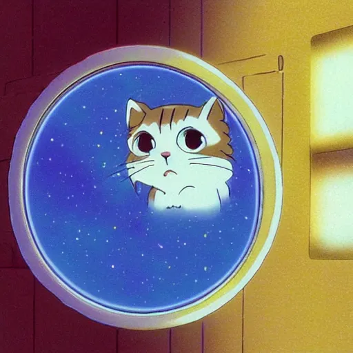 Prompt: a cat peeks out of a circular bubble window, 1 9 9 0 s anime, soft glow, studio ghibli, grainy