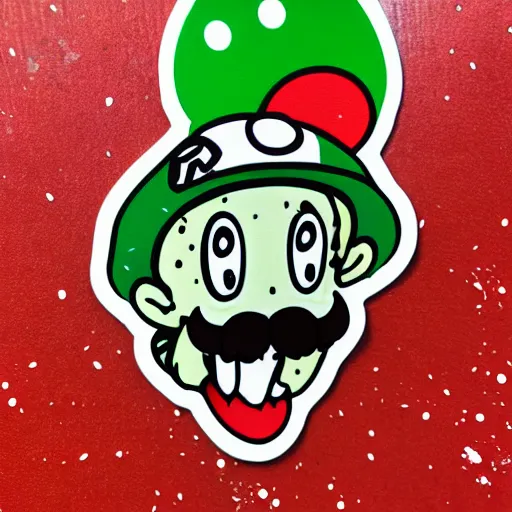 Image similar to die cut sticker, yoshi wearing mario's mustache, splatter paint