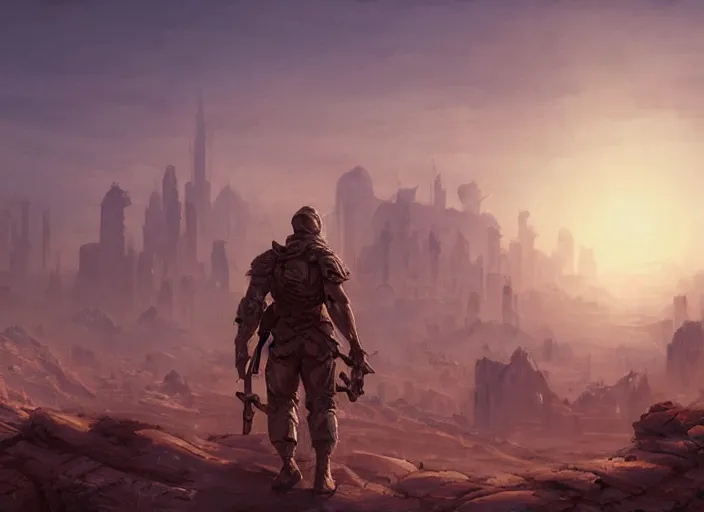 Prompt: detailed concept art background matte painting, strong muscular older soldier roaming through desert with city in the skyline, two suns, purple orange colors, sharp focus, illustration, highly detailed, digital painting, concept art, matte, art by wlop and artgerm and greg rutkowski, masterpiece