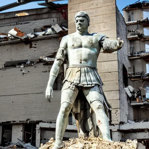 Prompt: statue of a warrior standing in the destroyed city