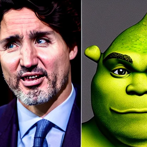 Image similar to justin trudeau cosplaying as a offensive shrek caricature, 7 2 0 p, realistic, controversial photo