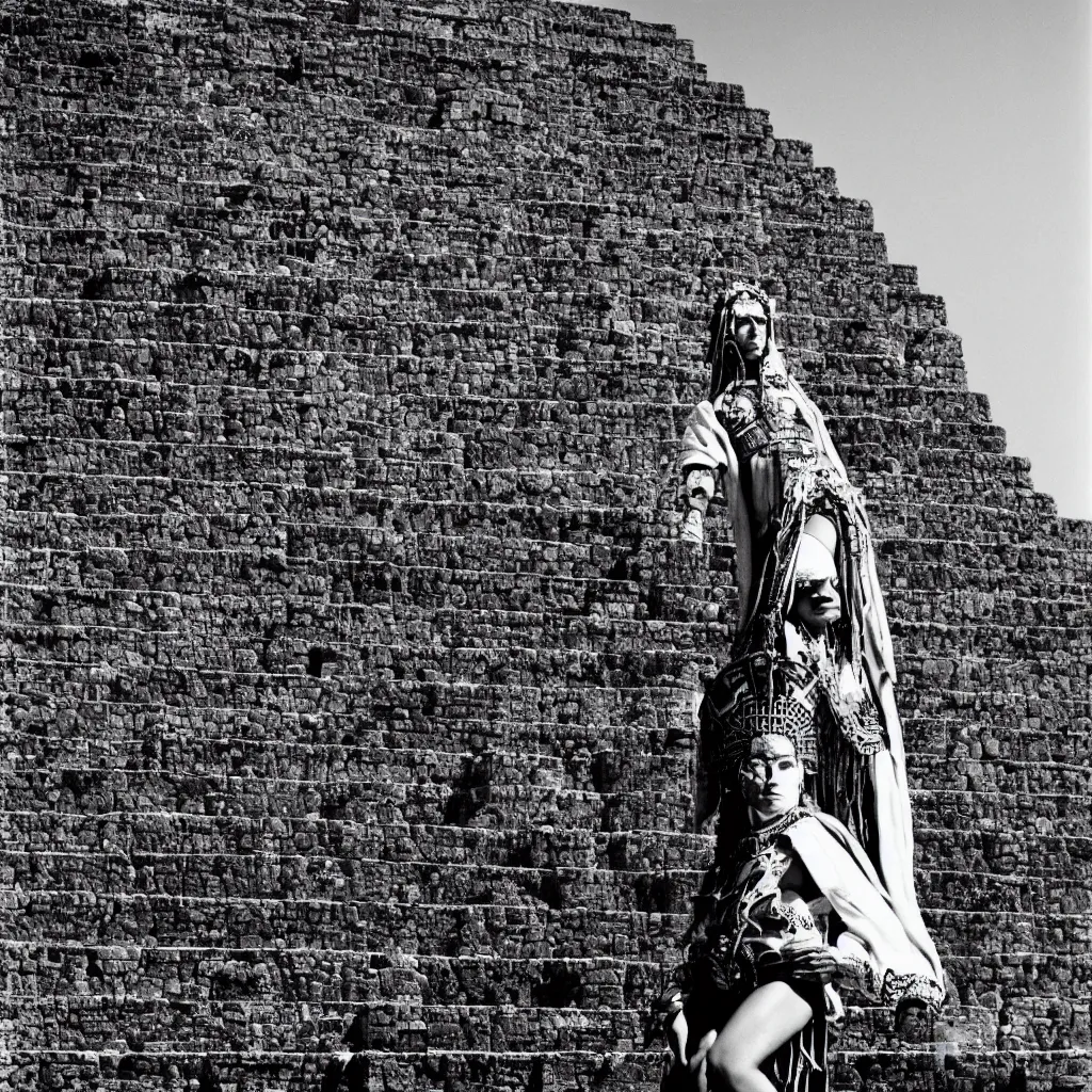 Prompt: full body photo portrait of attractive provocative aztec beauty on top of the stone aztec pyramid as a priest, old photo, highly detailed, fashion photography,apocalypto movie, black and white, by Annie Leibovitz,Andreas Gursky, Dorothea Lange